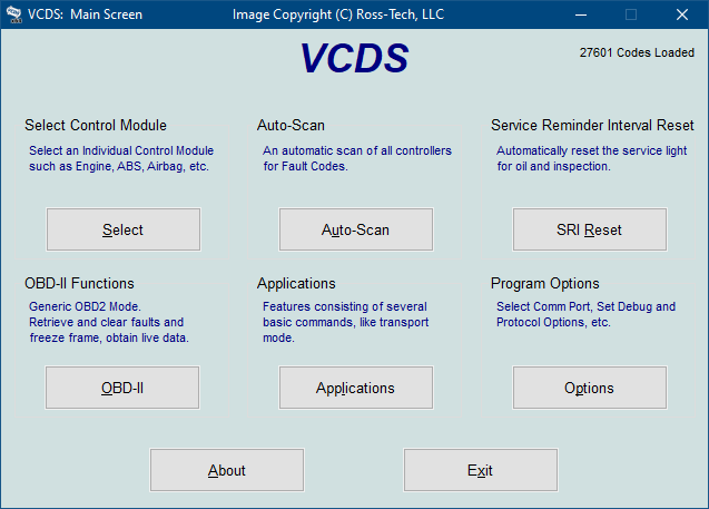 The Select submenu of the VCDS GUI.