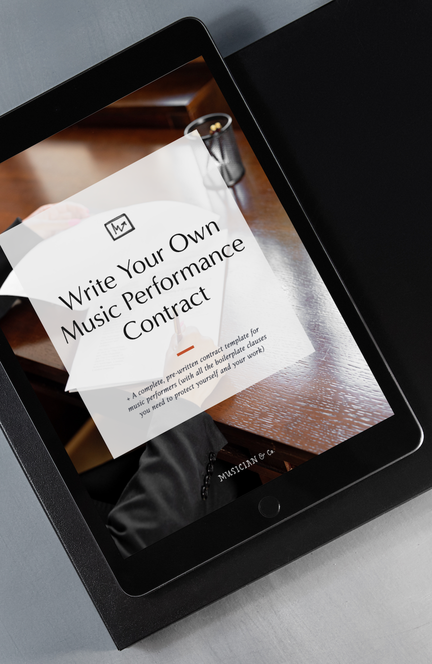 An iPad with cover of Write Your Own Music Performance Contract on the screen