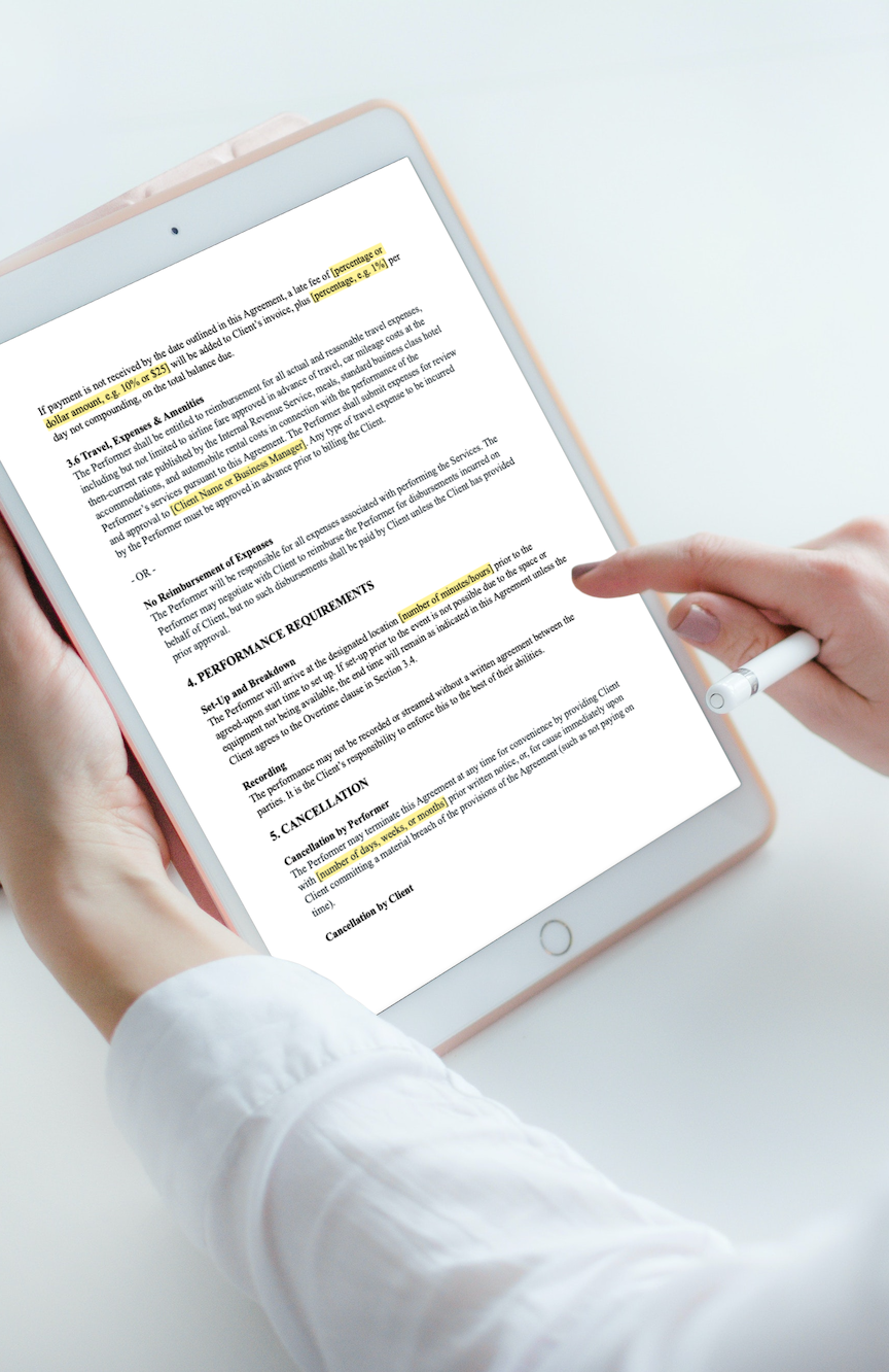 A woman using an iPad with a page from the pre-written Write Your Own Music Performance Contract template on the screen