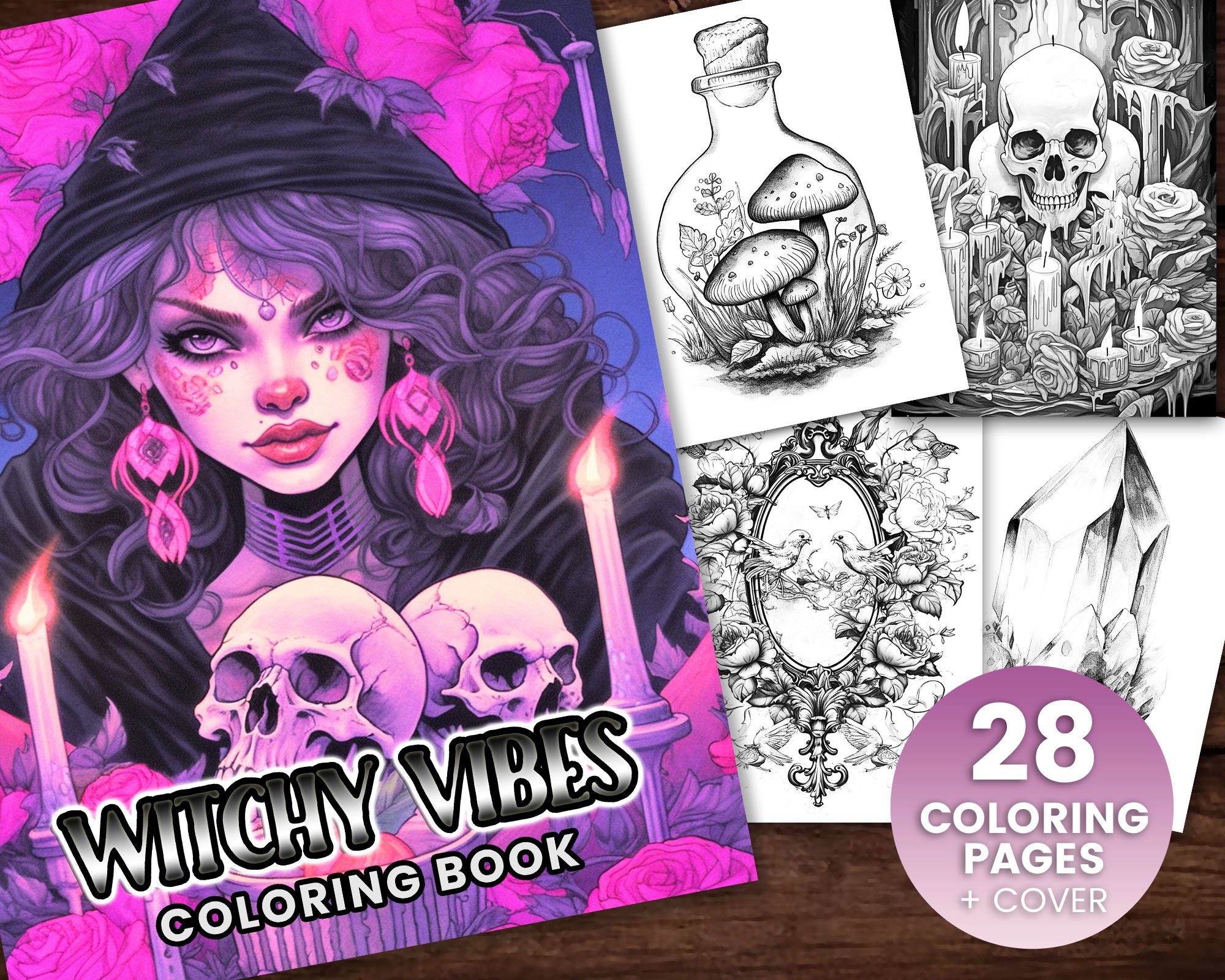 28 Witchy Vibes Coloring Book, Adults kids- Download - Grayscale ...