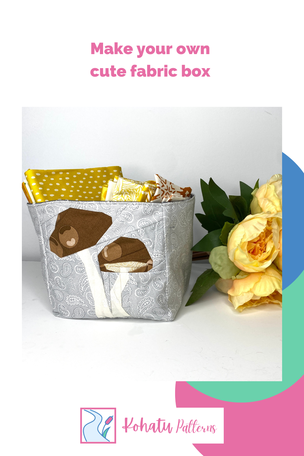 You can make your own storage boxes using fabric scraps. This cute storage box has a Mushroom quilt block on the front and has been filled with fat quarters. It was simple to make and can be used for storing sewing supplies, stationary or other items arou