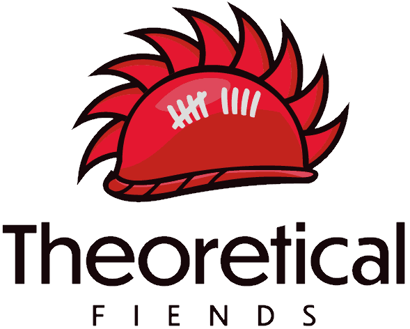 Karif Battle, founder of Theoretical Fiends LLC, presents the company logo. A red version of his actual motorcycle helmet which features a warhawk on the top and 9 mysterious hash marks on the right side. What do they stand for? No one knows.