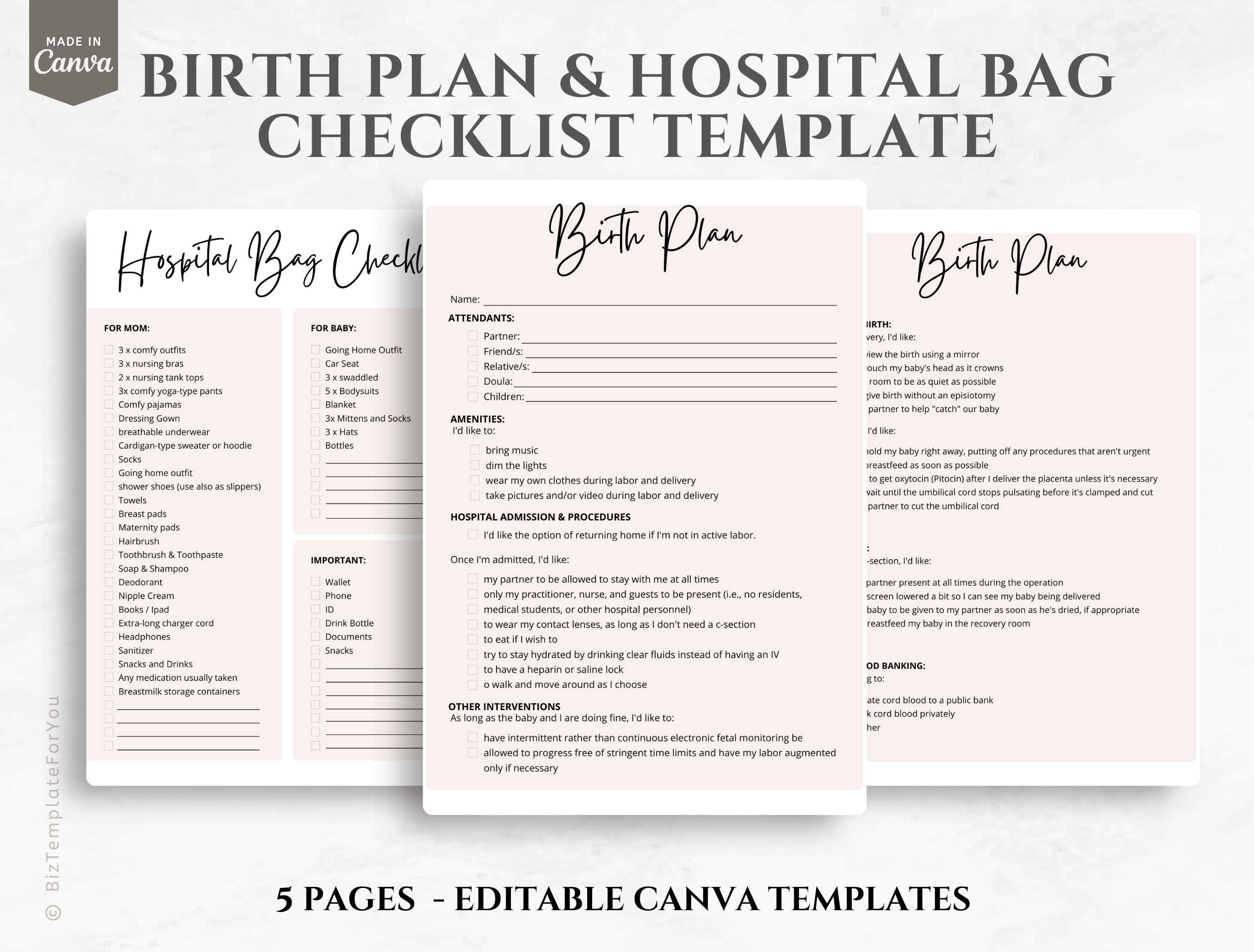 Birth Plan & Hospital Bag Checklist Bundle, Birth Plan Template Editable,  Printable PDF and Canva Template for Doulas and Birth Professional #1062 -  Payhip