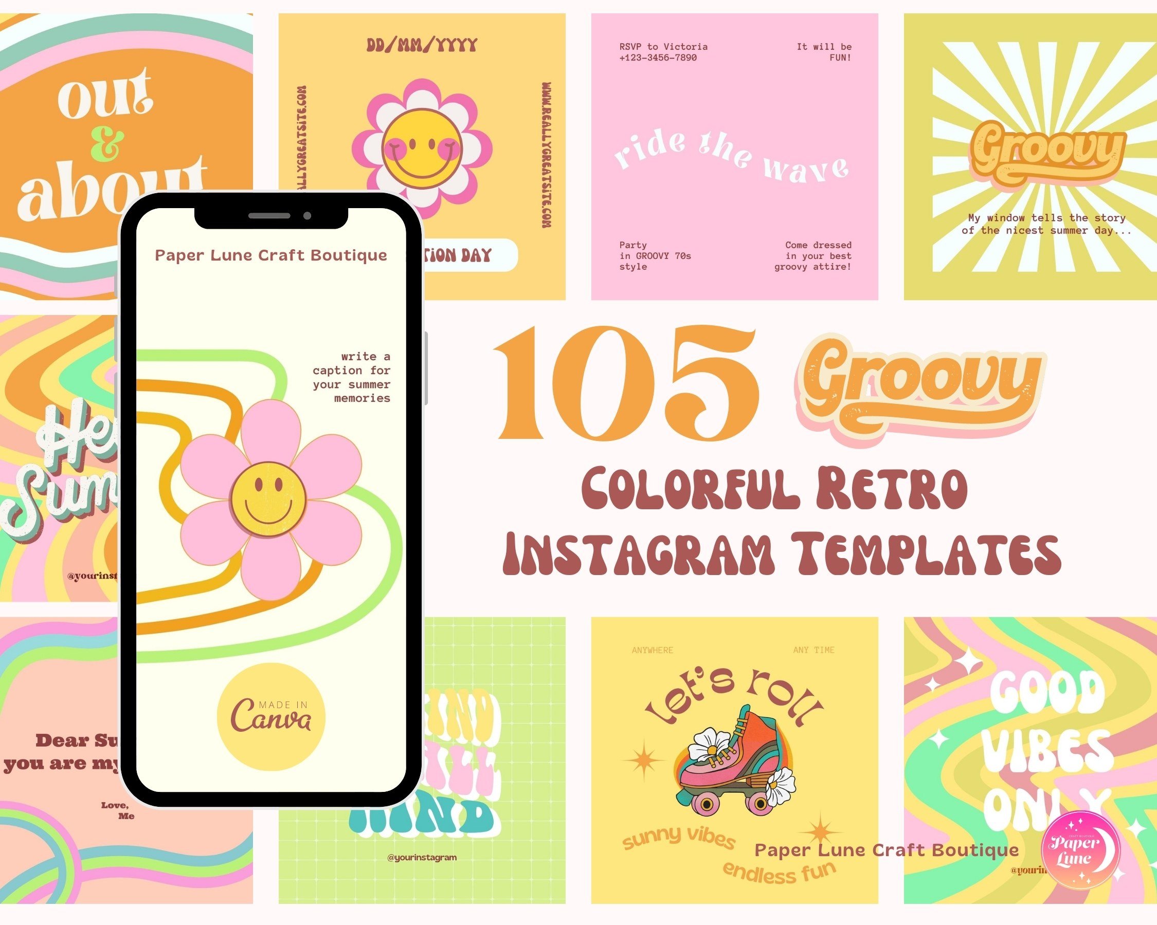 Groovy Summer Colorful Retro Instagram Templates Editable in Canva for ...