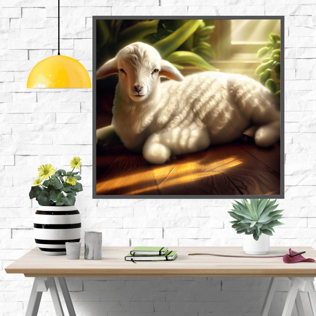 Capturing Serenity: Realist Digital Art of a Lamb in Tranquil Meadow - 10 Prints - Instant Download