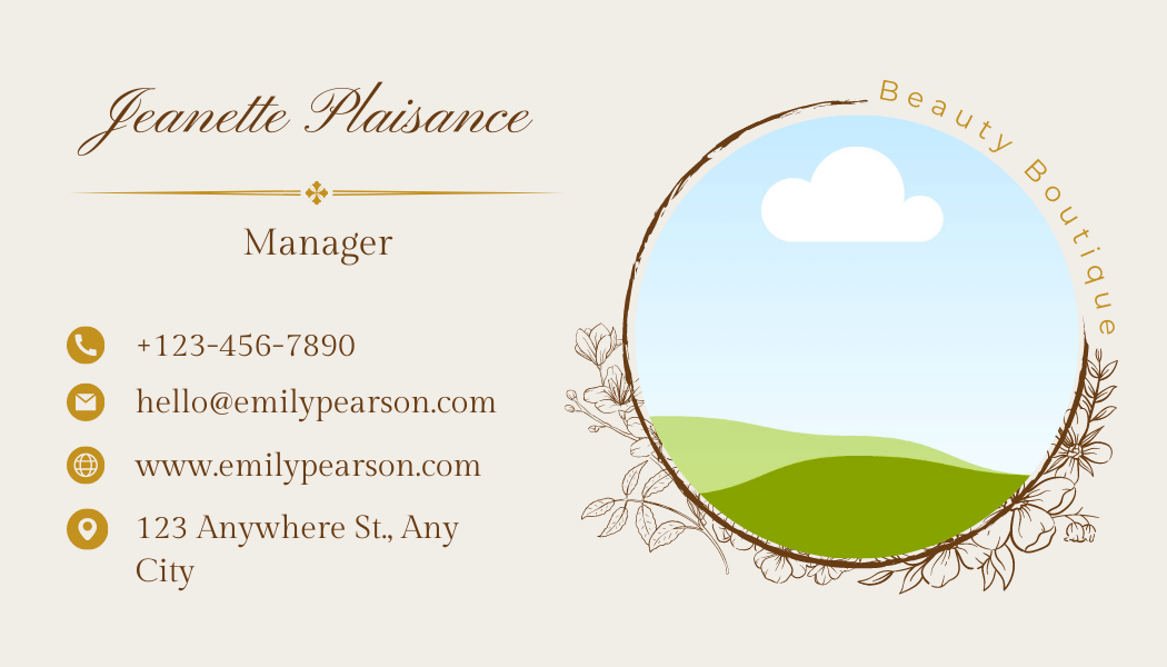 Customisable business brand marketing templates design -  Business Card for beauty boutiques or alike. Classic Initials with a circle floral frame. Light beige  background, brown text. Back design.