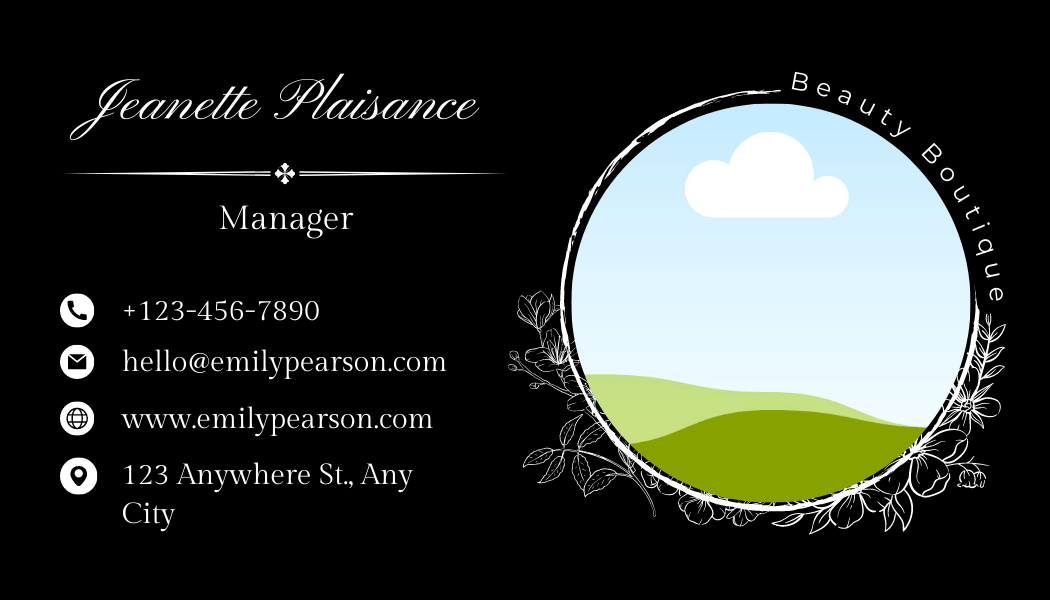 Customisable business brand marketing templates design -  Business Card for beauty boutiques or alike. Classic Initials with a circle floral frame. Black  background, white text. Back design.