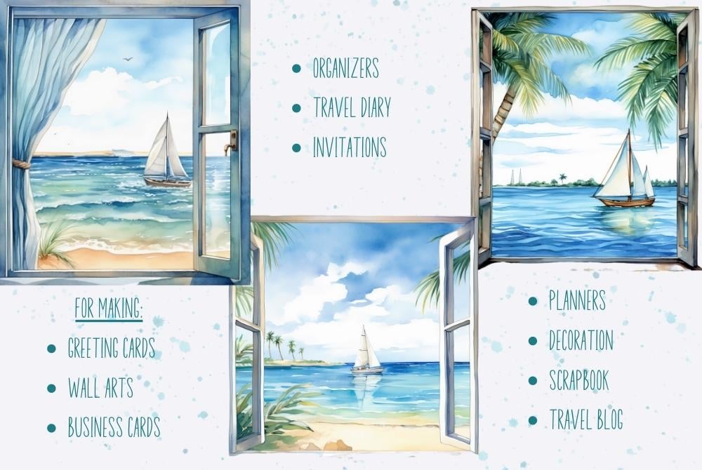 Watercolor beach and ocean png clipart