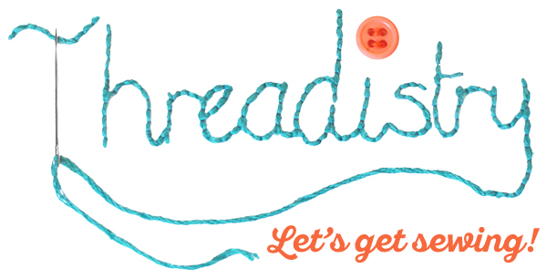 Hand embroidered Threadistry logo with tagline "Let's get sewing!"