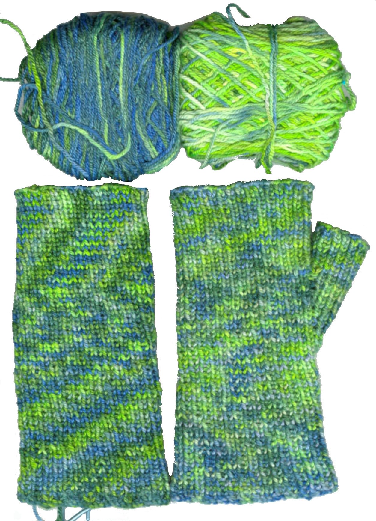 a pair of hand knit hand warmers in mottled gren and teal yarn with two very different color balls of yarn