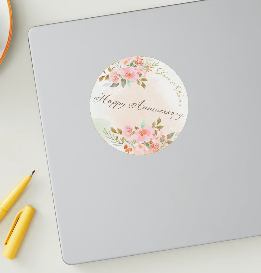 Soft Pink Floral Watercolor Circle Sticker | Customizable Canva Template | Digital. Mock sticker on laptop