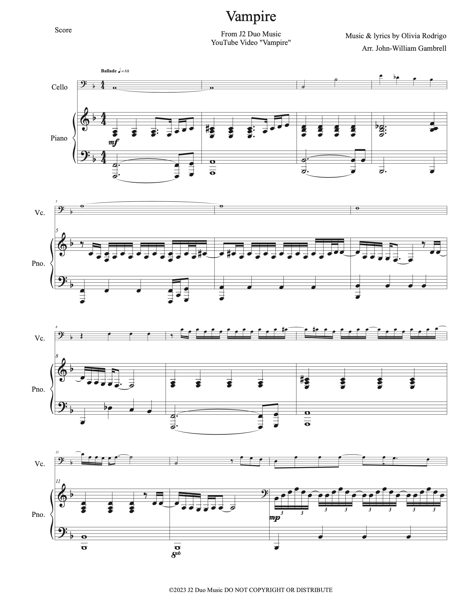 Vampire by Olivia Rodrigo - Cello - Digital Sheet Music