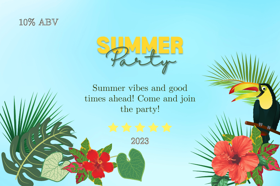 Customizable Sticker Label Template for Event Parties - Bright, colorful tropical theme.Front design. (3”x2”)