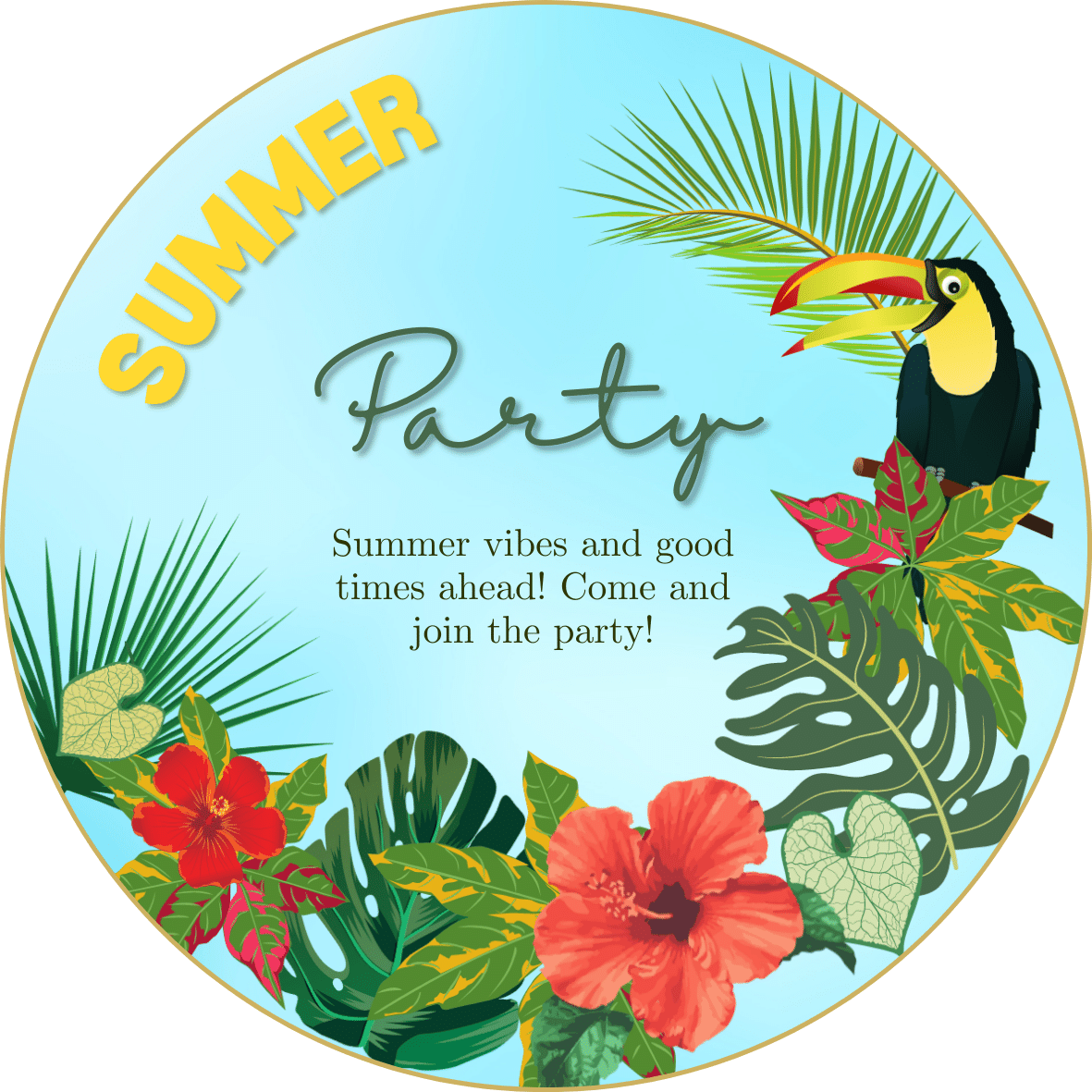 Vibrant Tropical Paradise Design Circle Sticker | Customizable Canva Template | Digital. Design