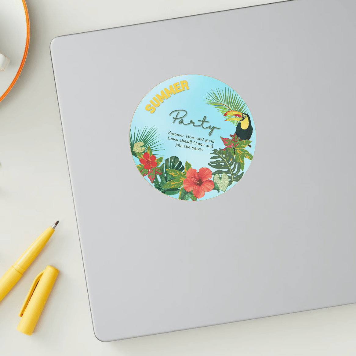 Vibrant Tropical Paradise Design Circle Sticker | Customizable Canva Template | Digital. Mock sticker on laptop