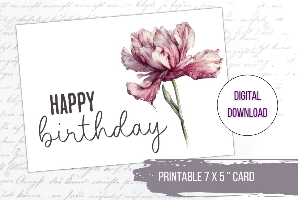 Printable Happy Birthday Card, Pink Floral Birthday Card, Elegant