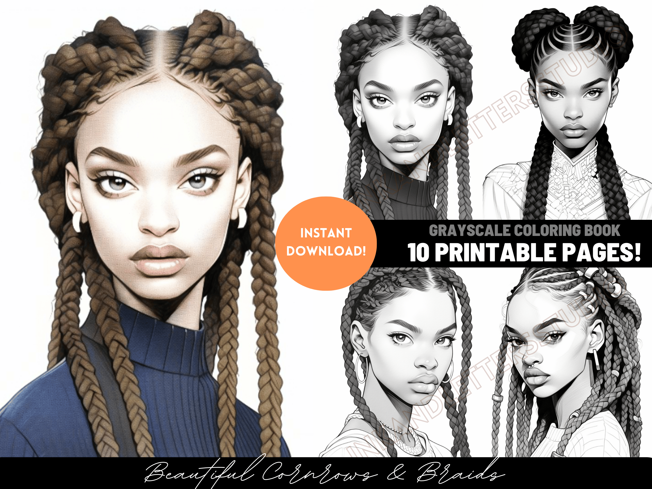 10 Beautiful Cornrows & Braids Coloring Page Grayscale Adult Printable ...