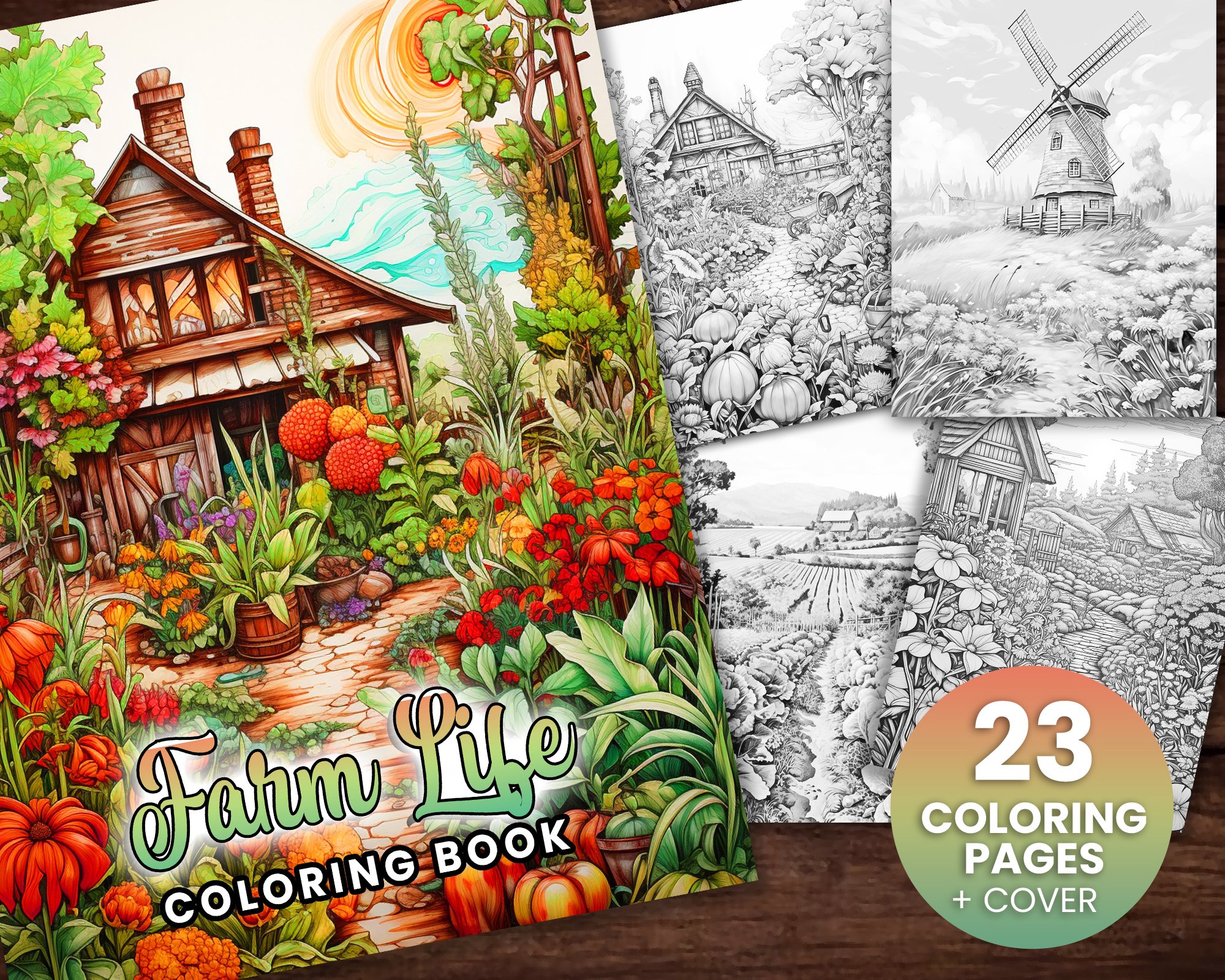 23 page Farm Life Coloring Book, Adults kids- Instant Download - Grayscale  Coloring Page - Gift, Printable PDF, farm animals, cute, food