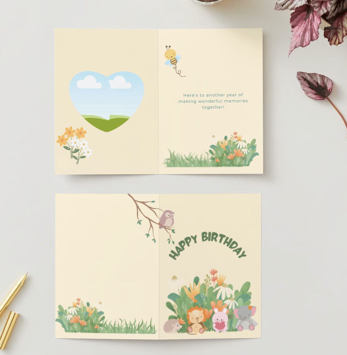 Adorable Animal Pastel Color Folded Card Portrait | Customizable Canva Template | Digital. Mock outside and inside