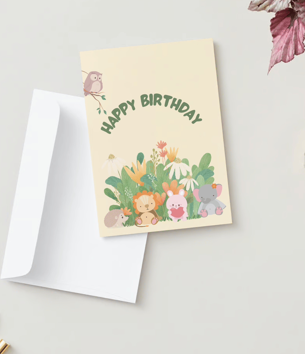 Adorable Animal Pastel Color Folded Card Portrait | Customizable Canva Template | Digital. Mock outside front