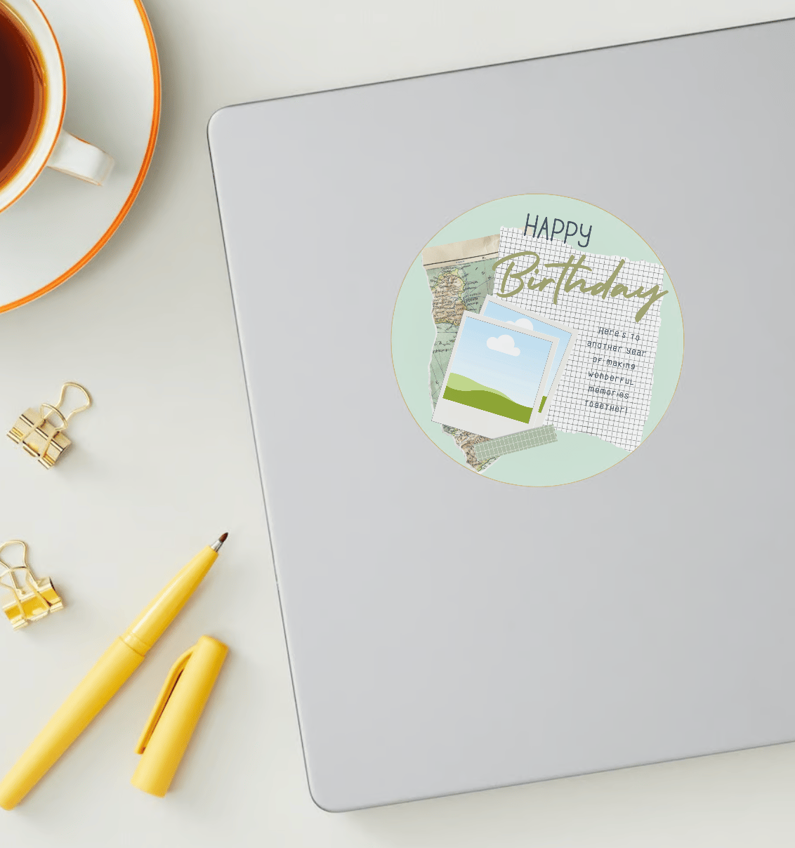 Torn Paper Photo Frame Circle Sticker | Customizable Canva Template | Digital. Mock sticker on laptop