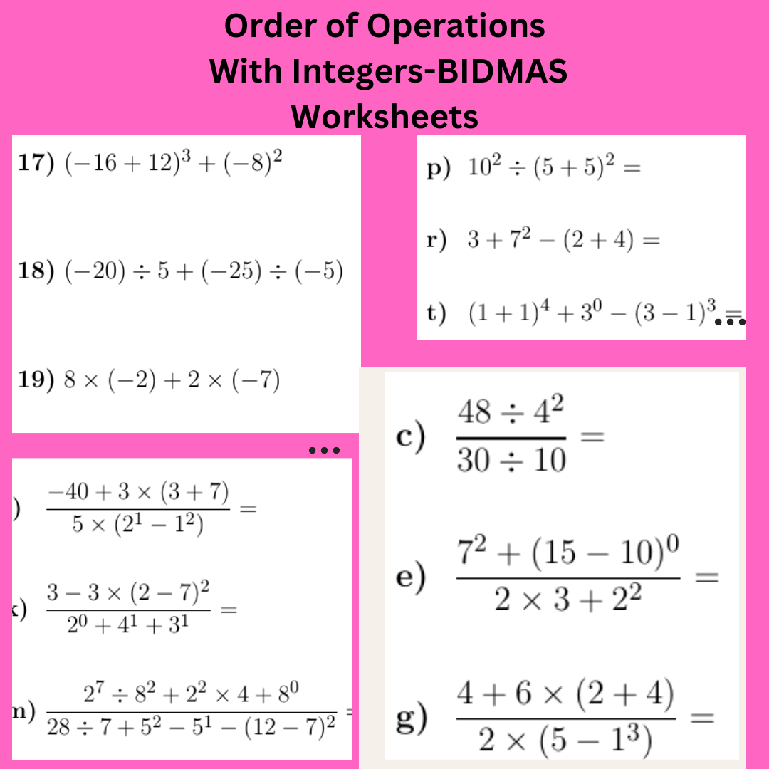 Order of Operations With Integers-BIDMAS Worksheets (with solutions)