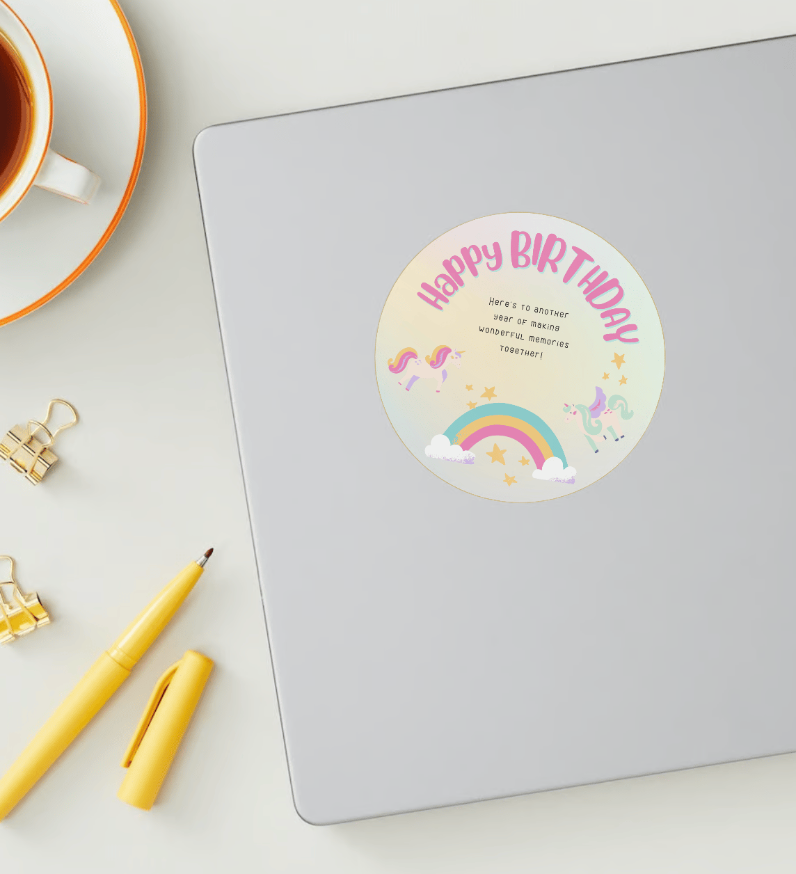 Magical Unicorn Photo Frame Circle Sticker | Customizable Canva Template | Digital. Mock sticker on laptop