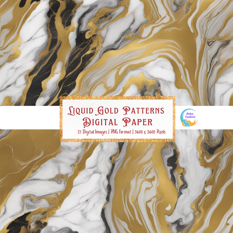Liquid Gold Patterns: Digital Papers  | 21 PNG Images | Instant Download | Commercial | 3600 x 3600 Pixels | Home Decor | Children | Room | Living | Bed Room | Schools |