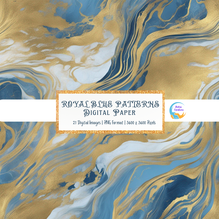 Discover Royal Blue Liquid Gold Patterns: Instant Download 20 Digital Papers