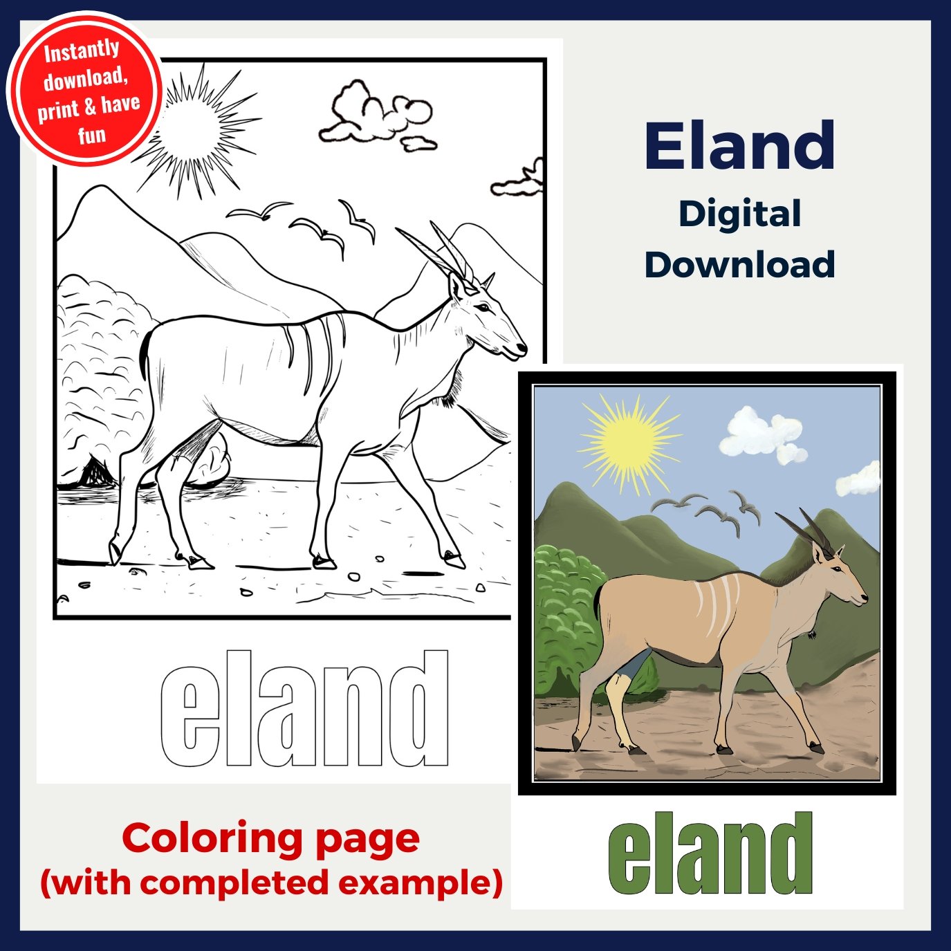 Eland Coloring Page with Completed Example - Payhip