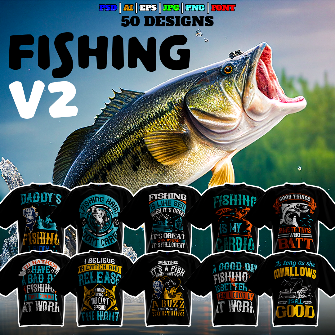 50 Premium Editable Fishing V2 Theme T-Shirt Vector Design Bundle