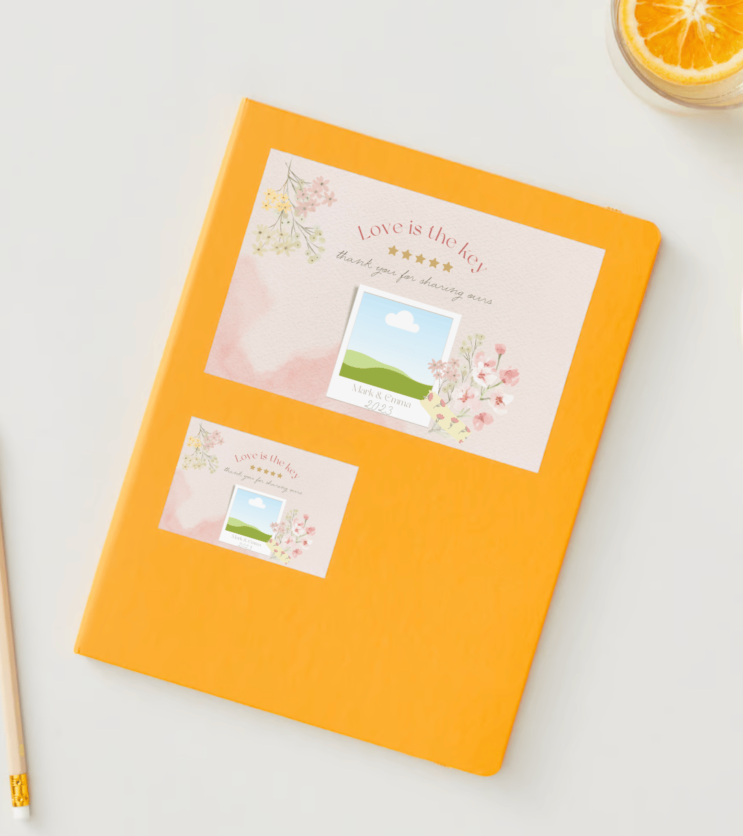 Light Pink Textured Background Photo Frame Sticker Label 6"x4" | Customizable Canva Template | Digital. Mock sticker on envelope.