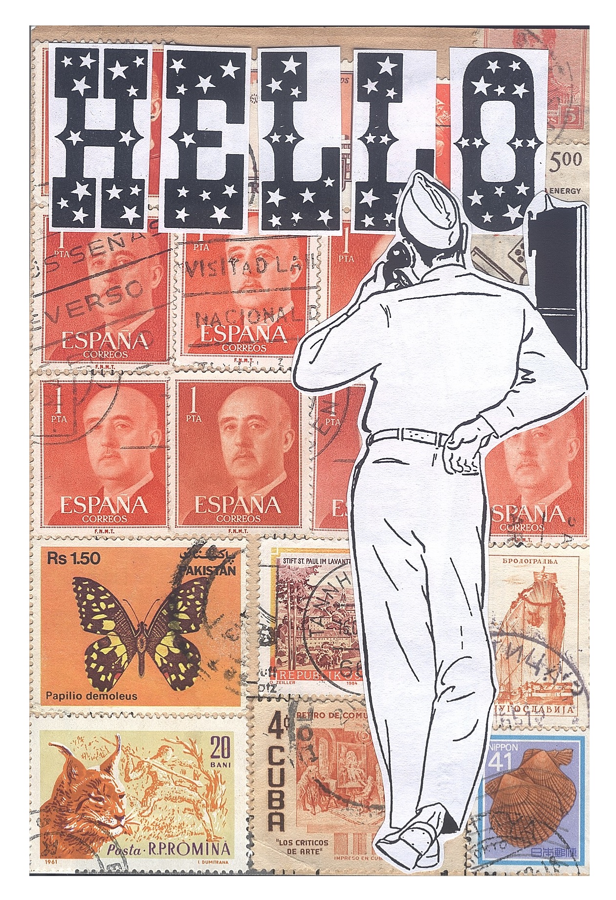 An image of a man with his back facing front, wearing a WW II Marine uniform, making a phone call with the word HELLO above him on a background of mostly pink-colored old stamps with men, butterflies, and animals on them. This manual collage, titled 