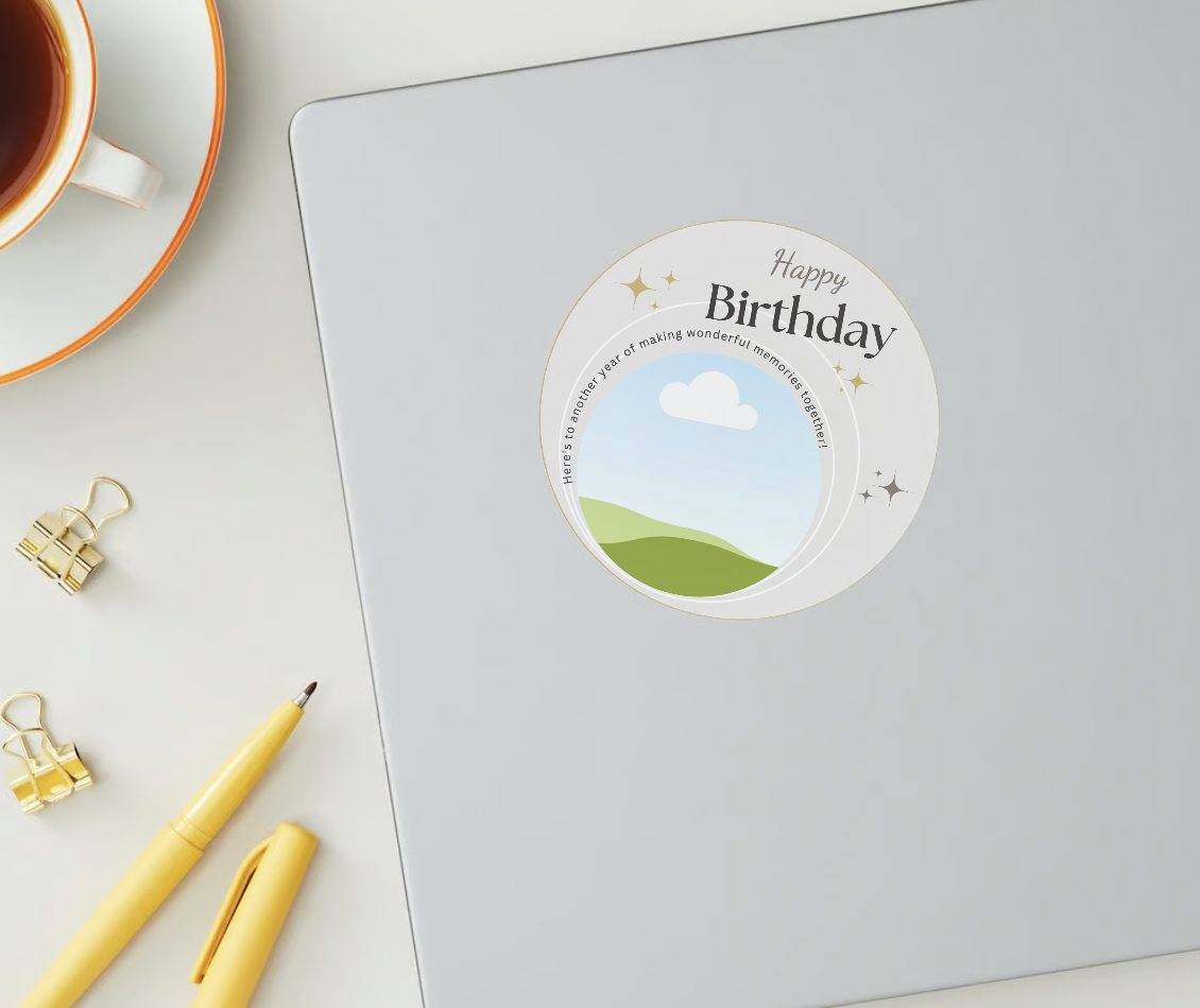 Light Grey Photo Frame Circle Sticker | Customizable Canva Template | Digital. Mock sticker on laptop