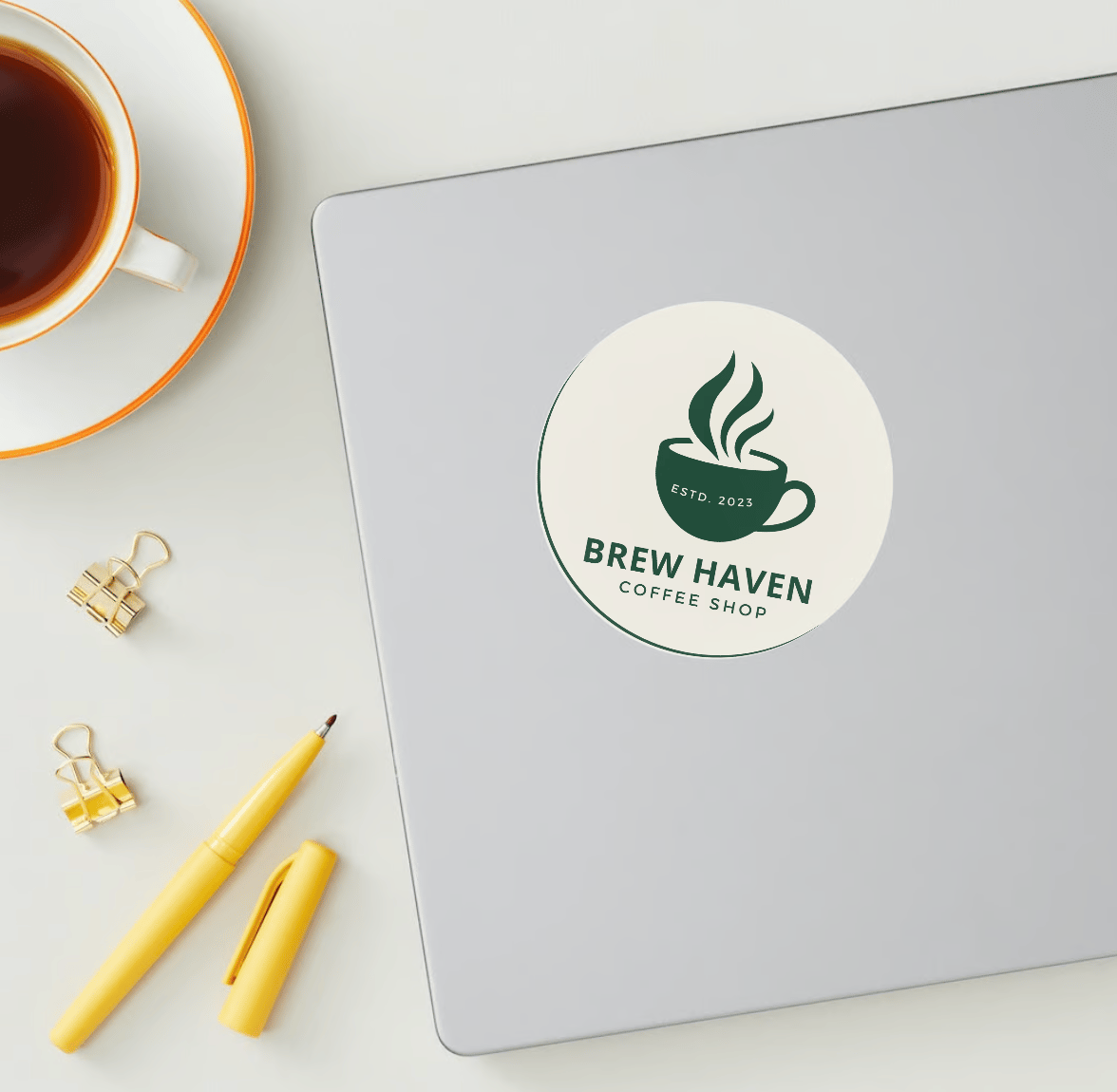 Customizable simple coffee cup design Circle Sticker Template for Canva - Small Business Branding, mock green