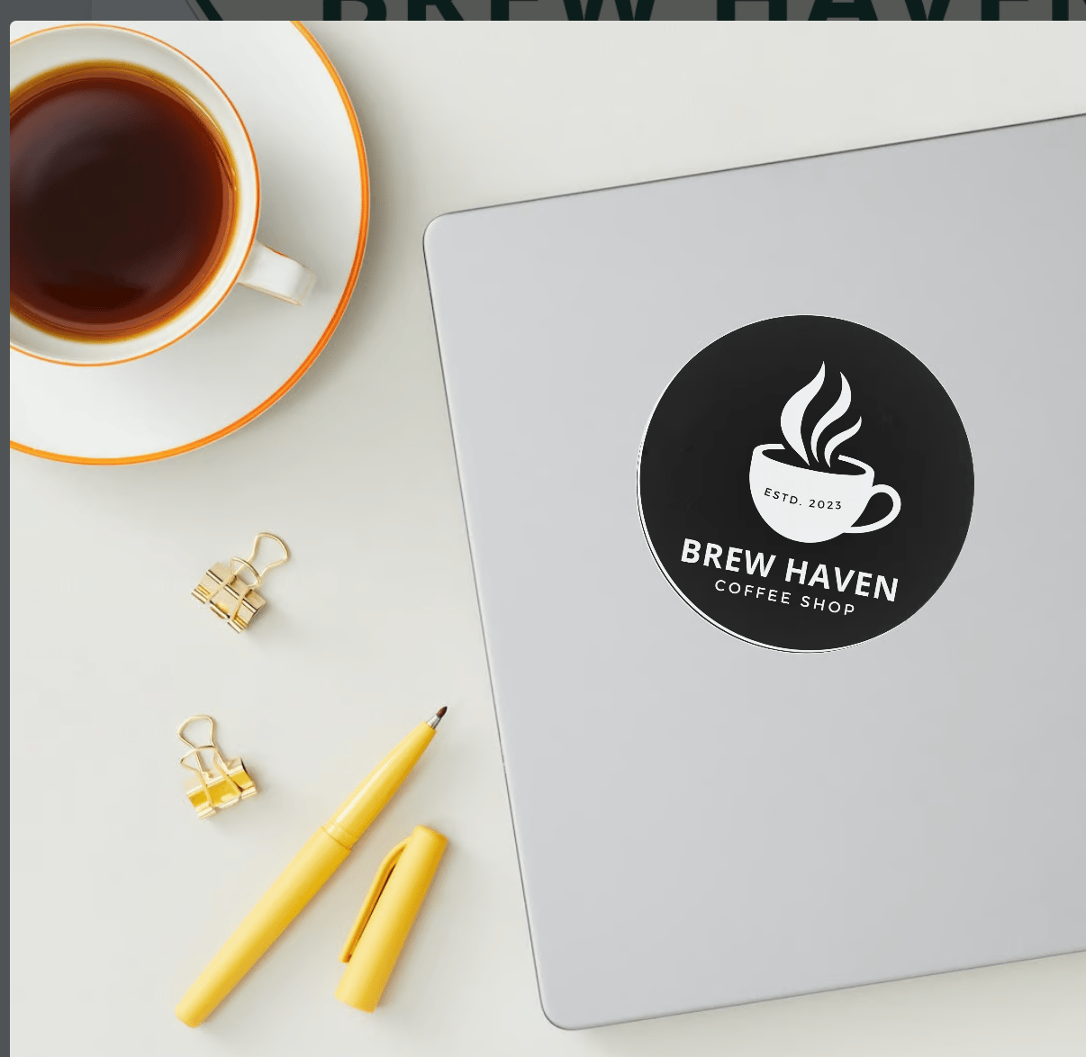Customizable simple coffee cup design Circle Sticker Template for Canva - Small Business Branding, mock black