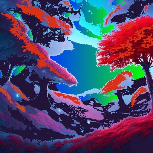 digitaly created forest on hills in multicolored world