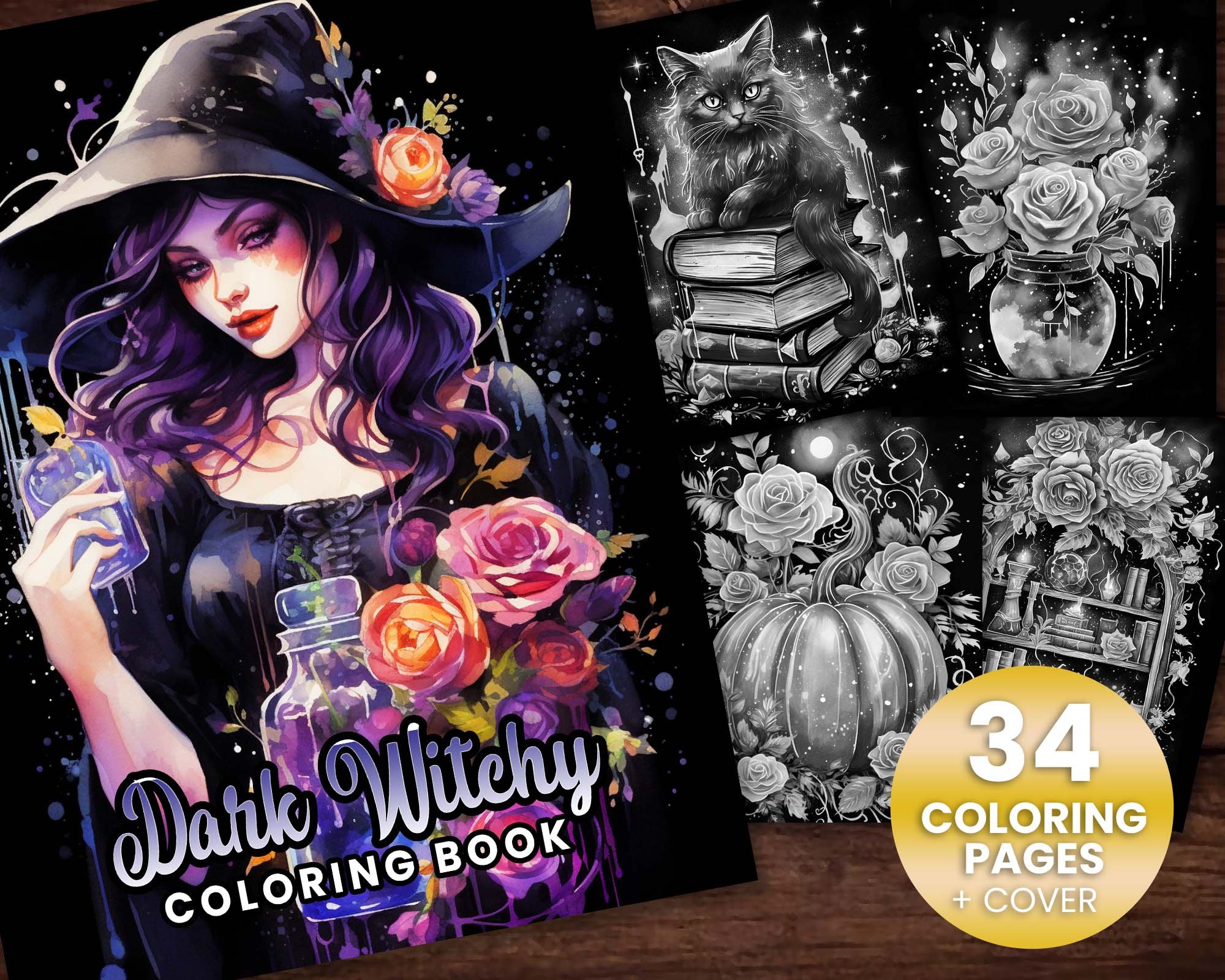 34 Dark Witchy Coloring Book, Adults kids- Download - Grayscale ...