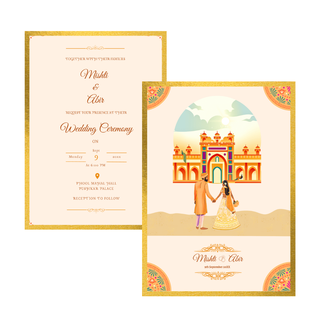 Indian Wedding Invitation Traditional Indian Design Vibrant Colors Ornate Details Floral Patterns Cultural Elements Elegant Typography Gold Accents Save the Date Customizable Template Premium Quality DIY Wedding Invitation Luxury Indian Wedding Exquisite Indian Art Cultural Elegance Ethnic Wedding Card Personalized Indian Invitation Invitation Suite High-Resolution Image Hindu Wedding