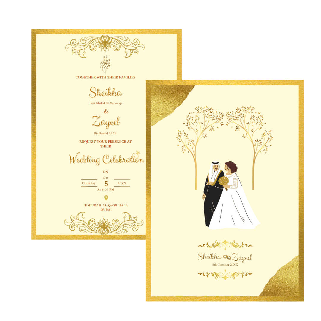 Arab Khaliji UAE Wedding Invitation Traditional Arab Design UAE Wedding Theme Elegant Arabic Calligraphy Gold and Jewel Tones Ornate Details Cultural Symbols Middle Eastern Elegance Henna Patterns Arabic Script Lavish Wedding Card UAE Traditional Wedding Personalized Invitation  Exquisite Arab Art Ethnic Wedding Card  Khaliji Celebration Unique Design Premium Quality Invitation Suite High-Resolution Image