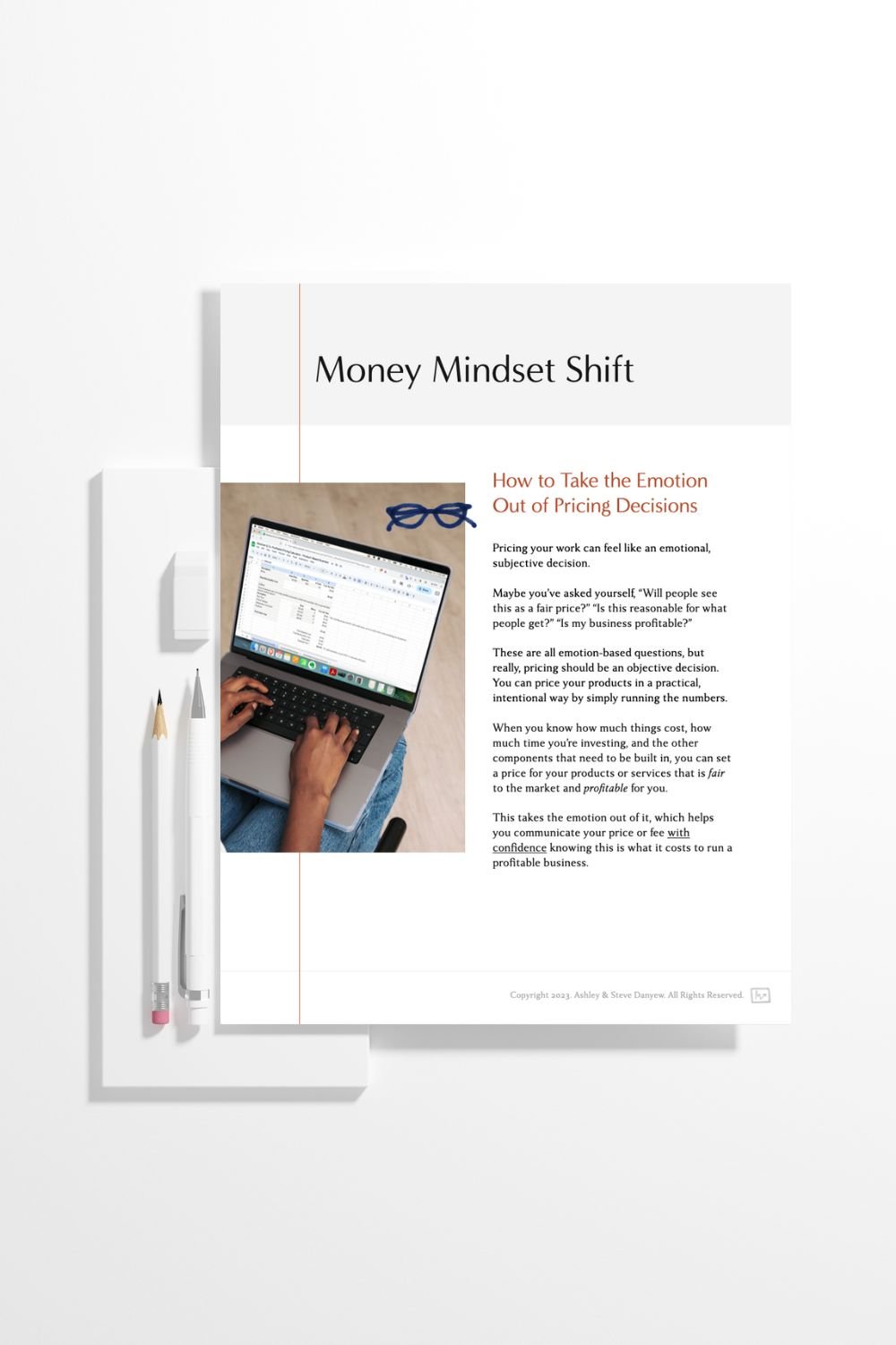 A printed inside page on money mindset shifts from the Pricing Calculator for Product-Based Musicians