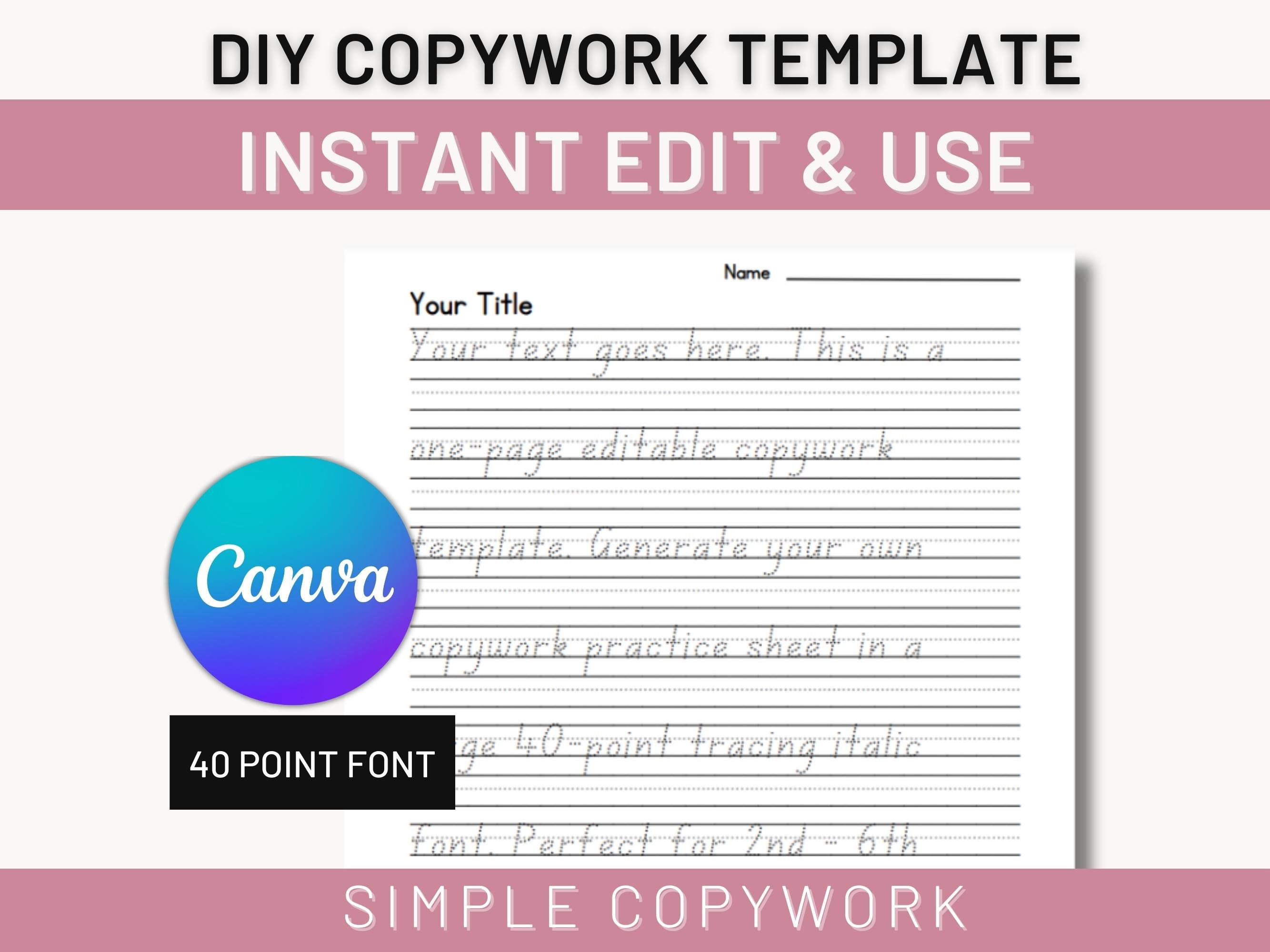 Editable Copywork & Handwriting Canva Template, 40 pt ITALICS TRACING
