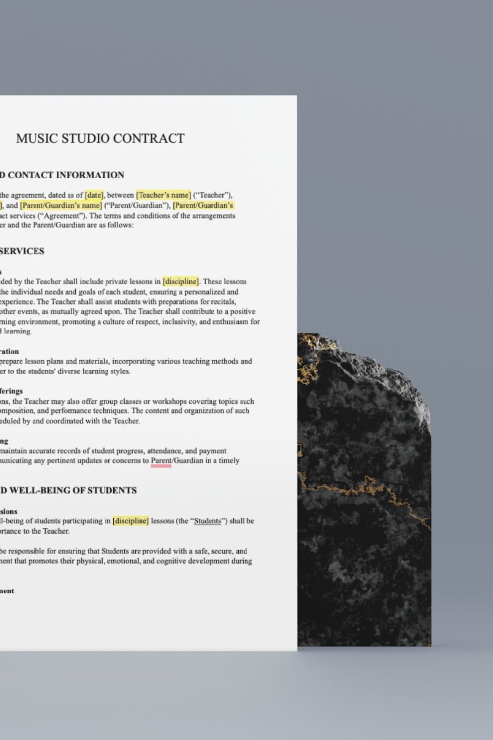 A printed page of the pre-written music studio contract template