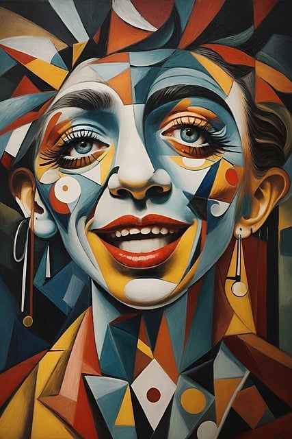 PIntura cubista, rostro de hombre, colores calientes y fríos