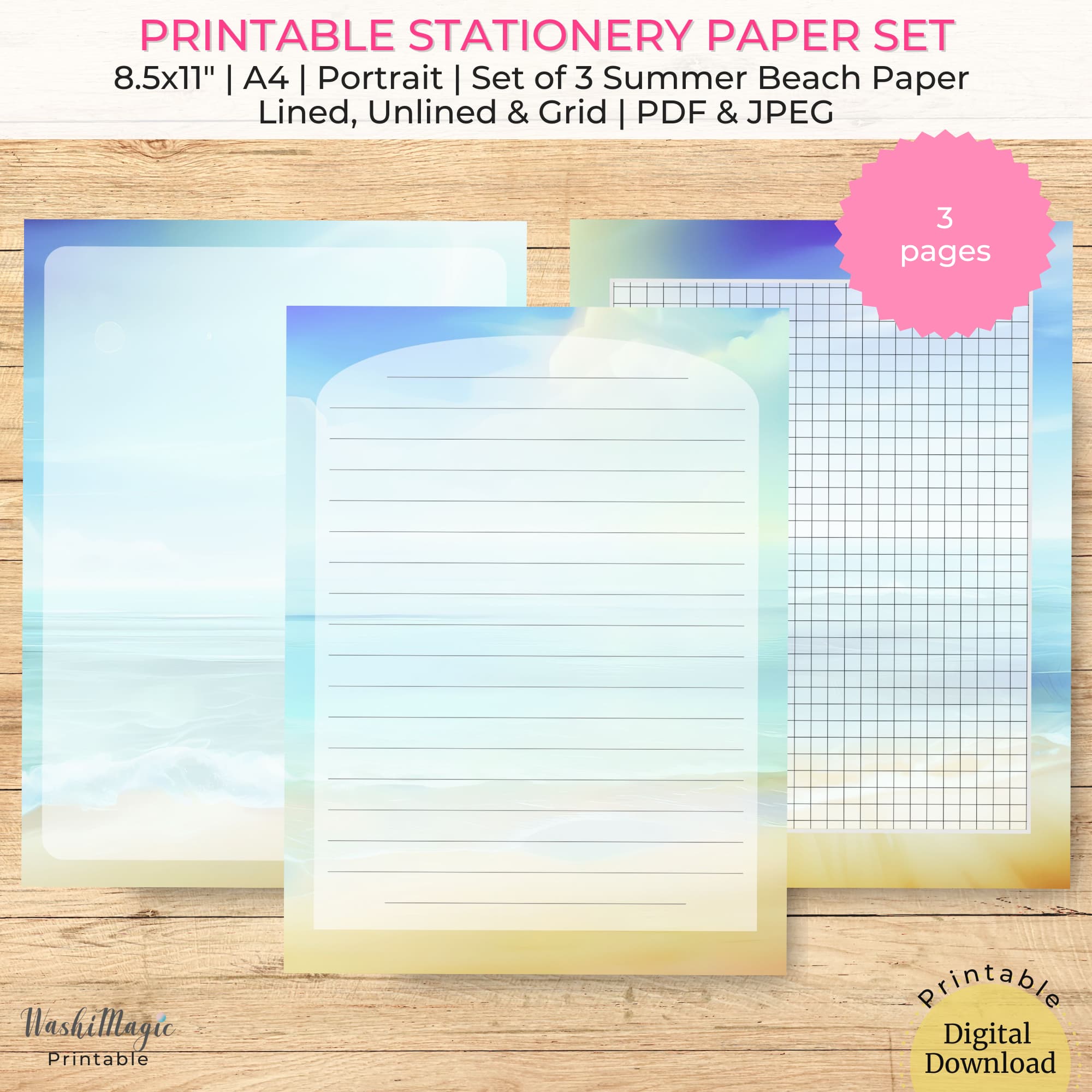 Printable Stationery Paper Set Summer Beach - Payhip