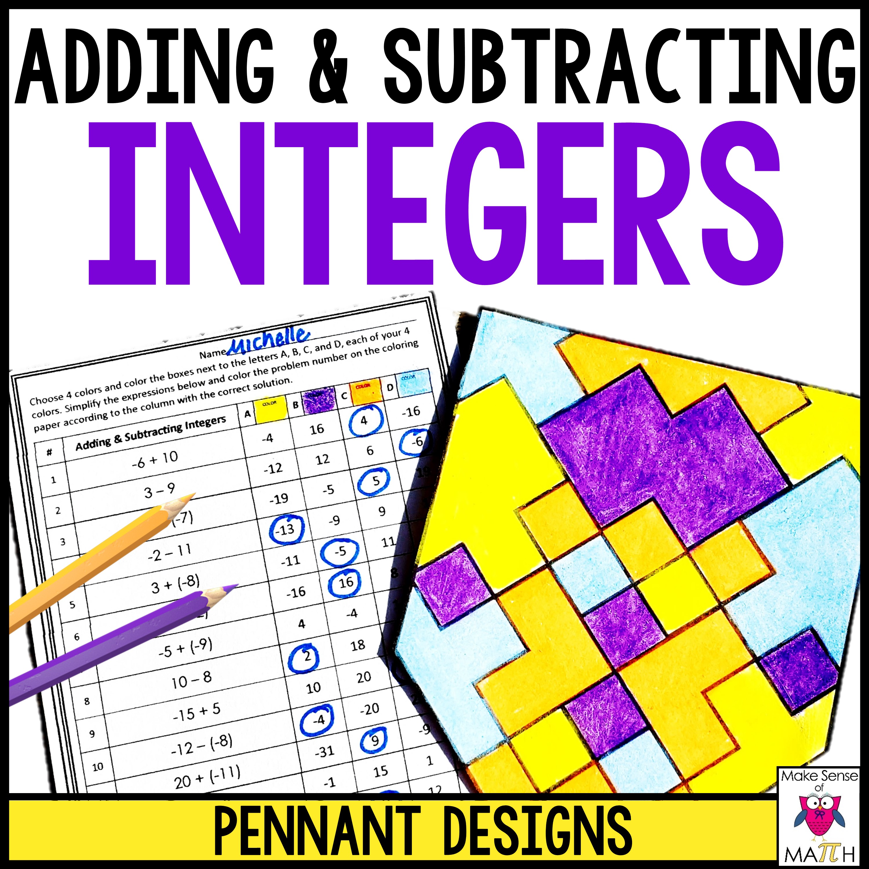 Adding and Subtracting Integers Coloring Pennant Activity
