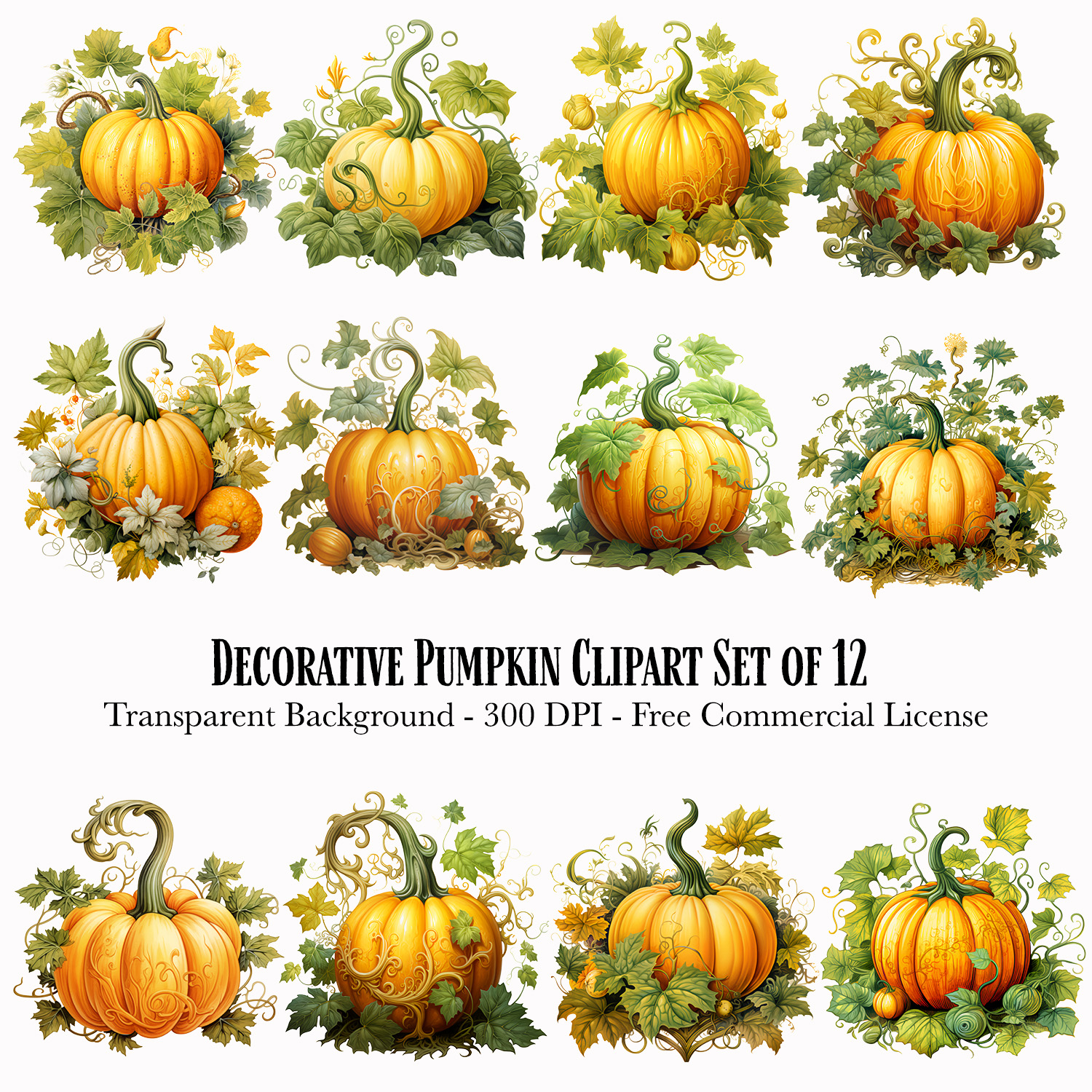 Decorative Pumpkin Cartoon Set of 12 Clipart PNG's - Payhip