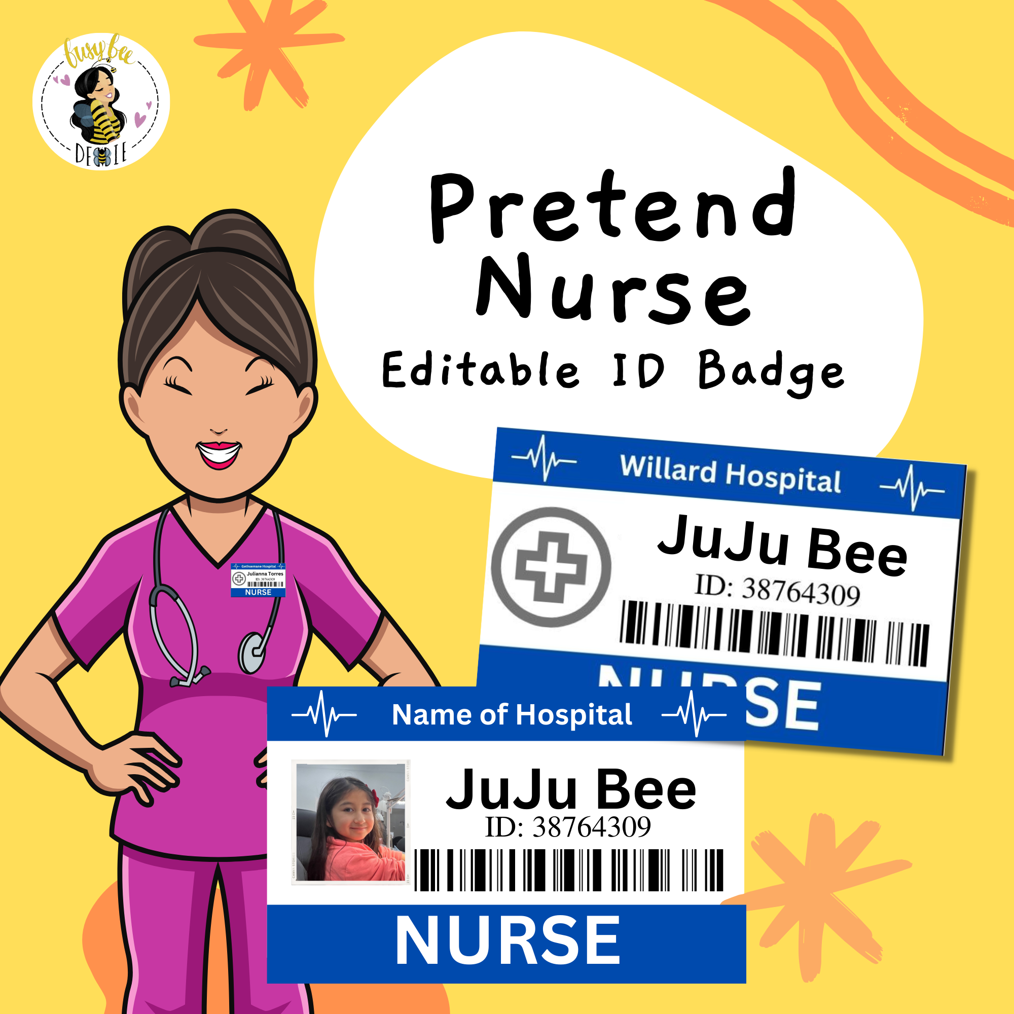Editable ID Badge For Kids, Pretend Nurse Play, Medical Party, Pretend  Play, Doctor ID Badge