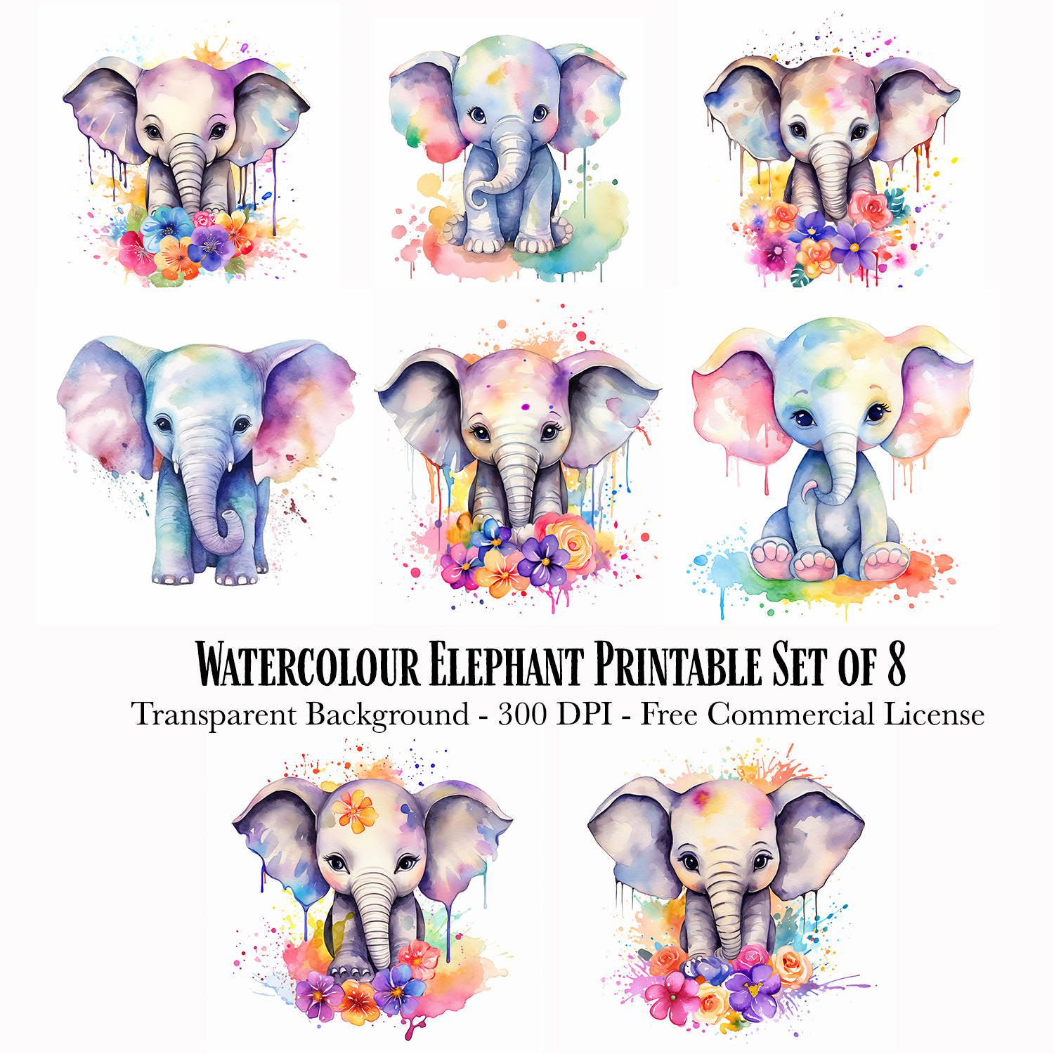 Watercolour Elephant Printable Set of 8 - Payhip watercolour-elephant-printable-set-of-8-payhip