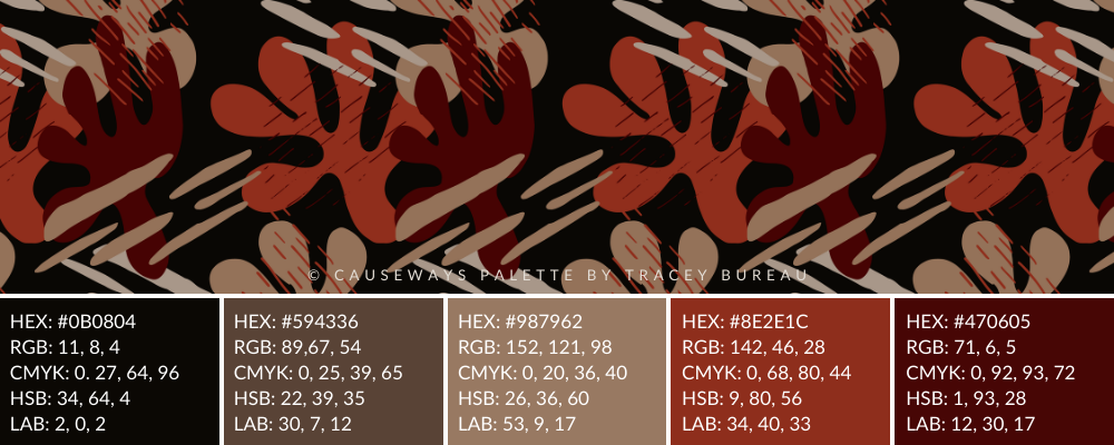 an abstract pattern design by tracey bureau in the color palette of black, beige, orange red and burgundy